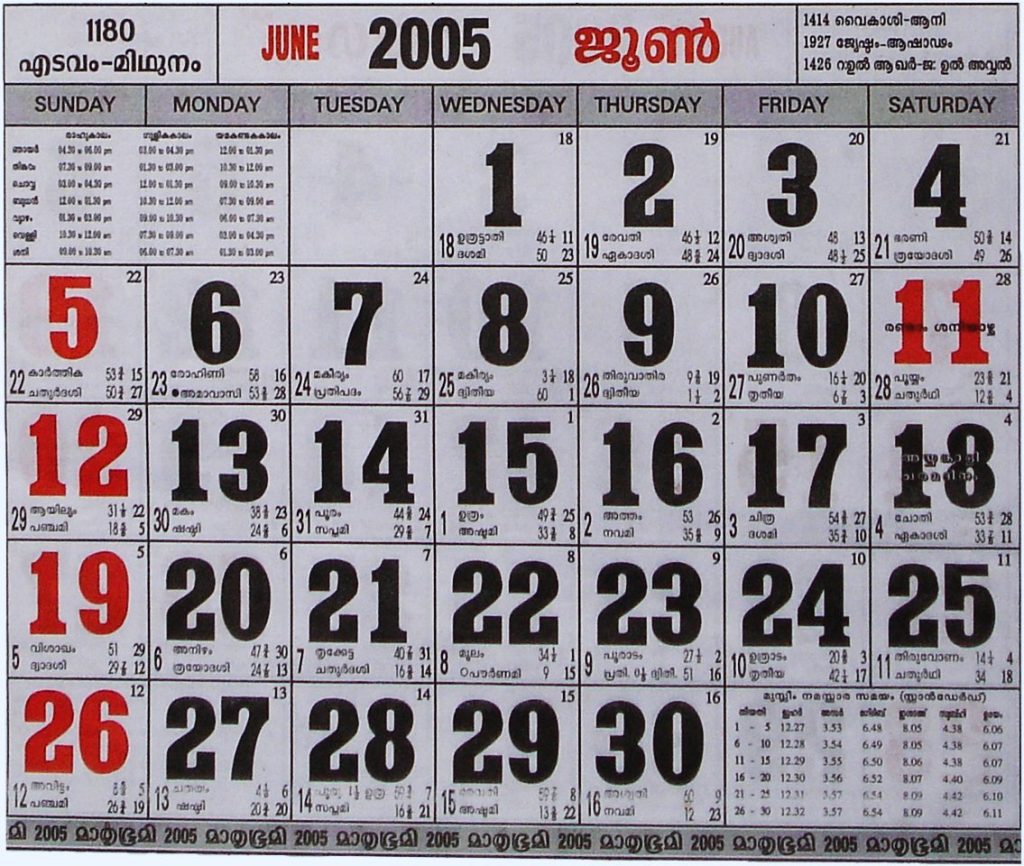 Calendário malayalam usado na programação dos espetáculos.